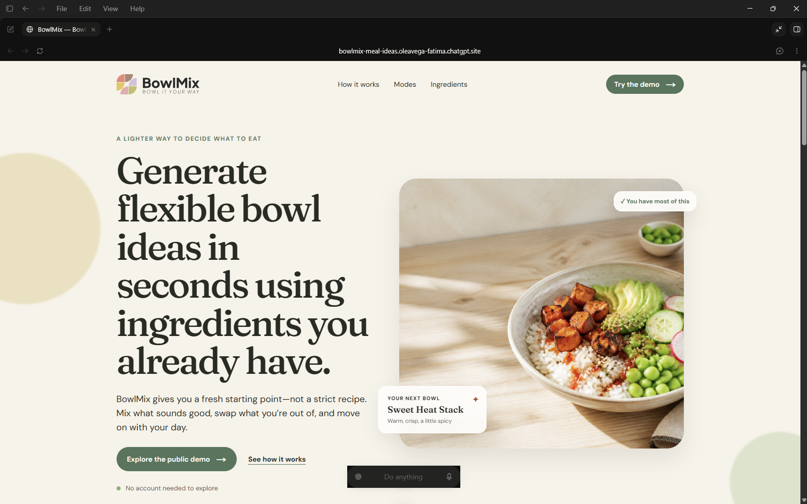 BowlMix landing page prototype created with Codex Sites